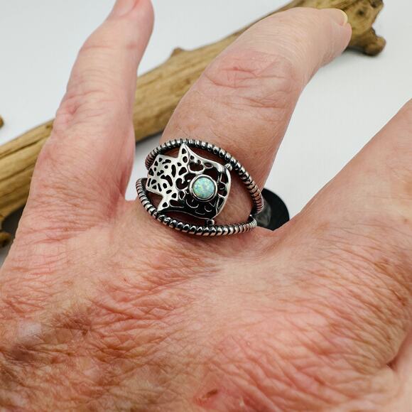 Sterling Silver Lab Opal Hamsa Ring - Picture 4 of 7